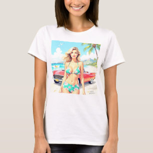 Girl at the beach with a classic car T-Shirt