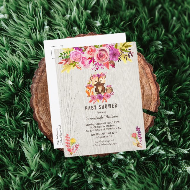 Girl Autumn Baby Shower Woodland Animal Invitation Postcard (Creator Uploaded)