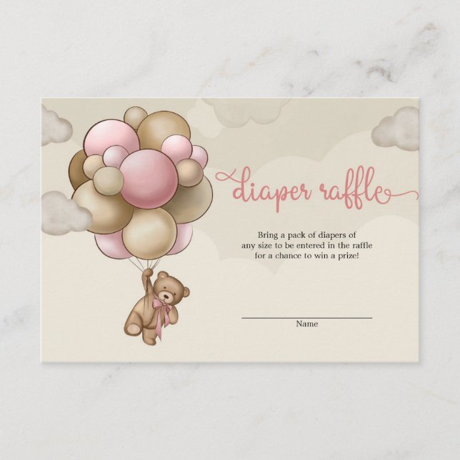 Girl baby bear brown pink balloons diaper raffle enclosure card (Front)