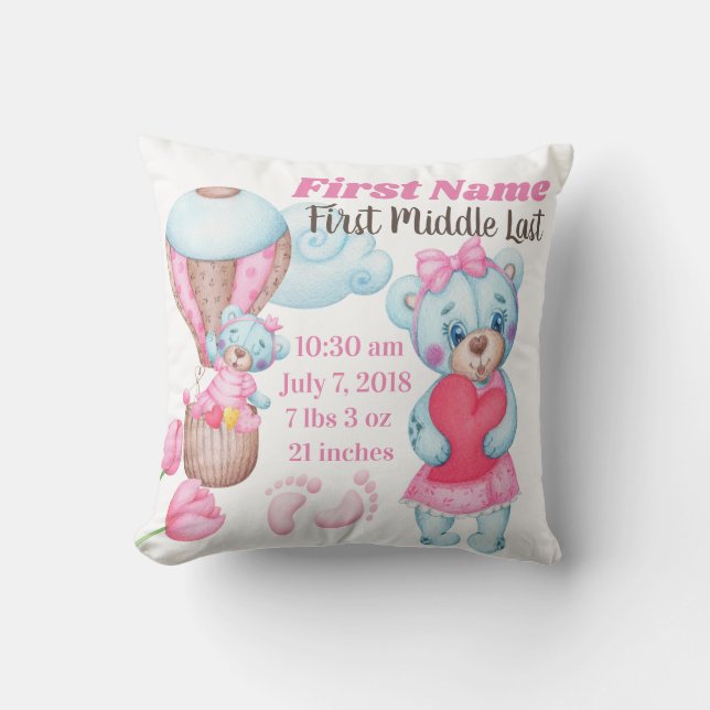 Girl Baby Birth Announcement Pillow Teddy Bear (Front)