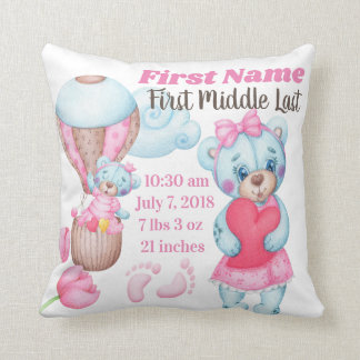 Girl Baby Birth Announcement Pillow Teddy Bear