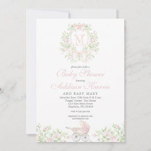 Girl baby carriage Monogram Invitation