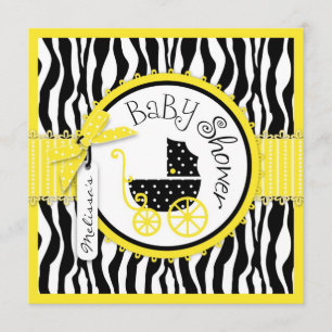 GIRL Baby Carriage, Zebra Print Yellow Baby Shower Invitation