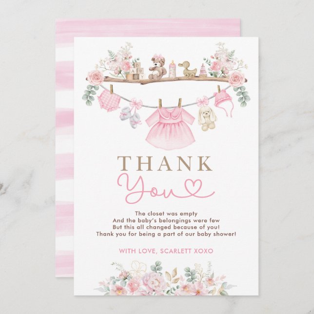 Girl Baby Clothes Pink Floral Baby Shower Thank You Card (Front/Back)