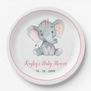 Girl Baby Elephant Baby Shower (Floral) Paper Plate