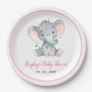 Girl Baby Elephant Baby Shower (Floral) Paper Plate