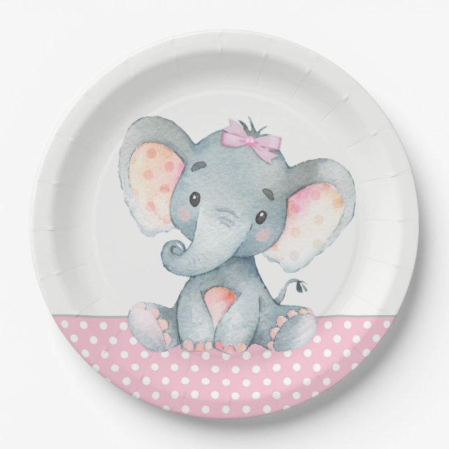 Girl Baby Elephant Baby Shower Paper Plates (Front)