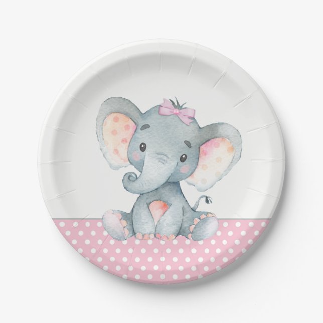 Girl Baby Elephant Baby Shower Paper Plates (Front)