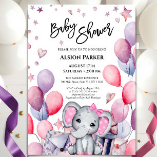 Girl Baby Elephant Pink Balloons Cute Baby Shower Invitation