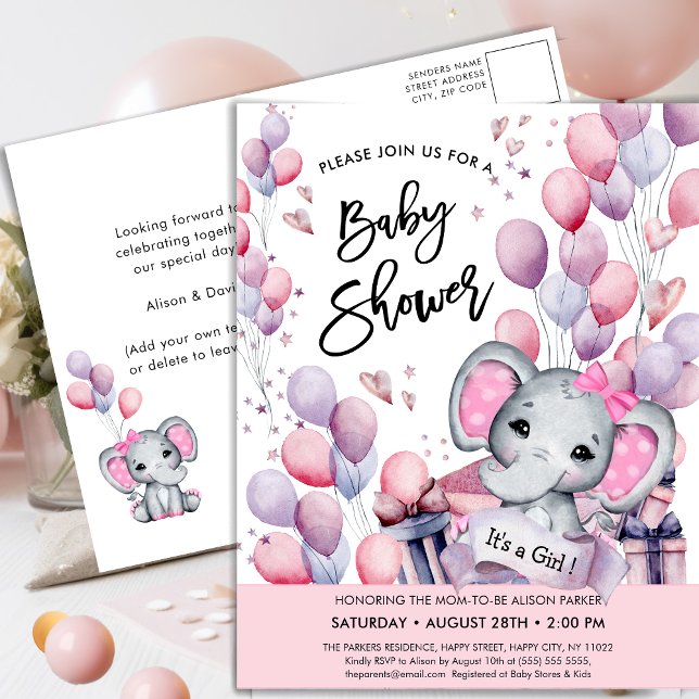 Girl Baby Elephant Pink Balloons Cute Baby Shower Invitation Postcard (Creator Uploaded)