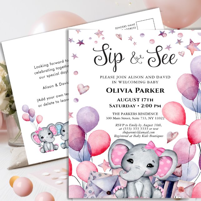 Girl Baby Elephant Pink Balloons SIP AND SEE Invitation Postcard (Creator Uploaded)