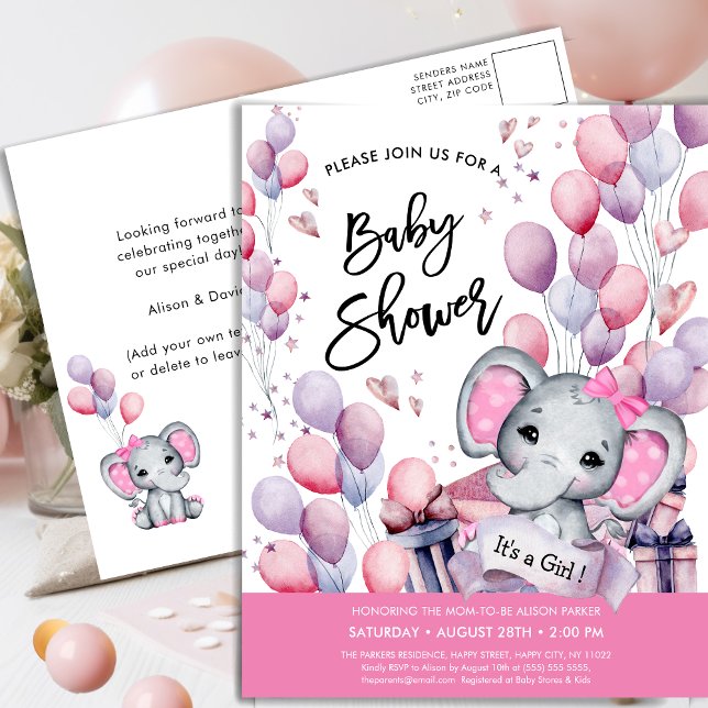 Girl Baby Elephant Pink Balloons Sweet Baby Shower Invitation Postcard (Creator Uploaded)