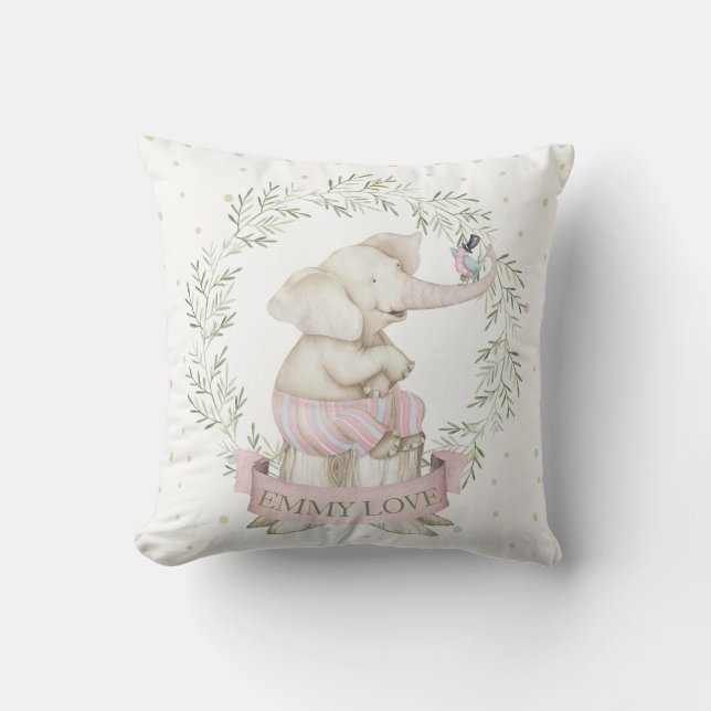Girl Baby Elephant Pink Green Beige Cushion (Front)