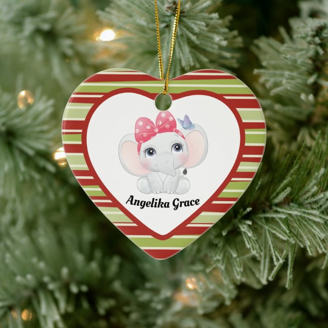 Girl Baby Elephant with Bow Custom Name Ceramic Ornament (Tree)