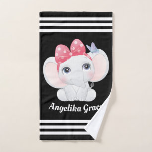 Girl Baby Elephant with Bow Custom Name Hand Towel