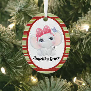 Girl Baby Elephant with Bow Custom Name Metal Tree Decoration