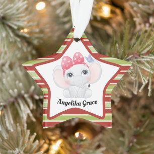 Girl Baby Elephant with Bow Custom Name Ornament