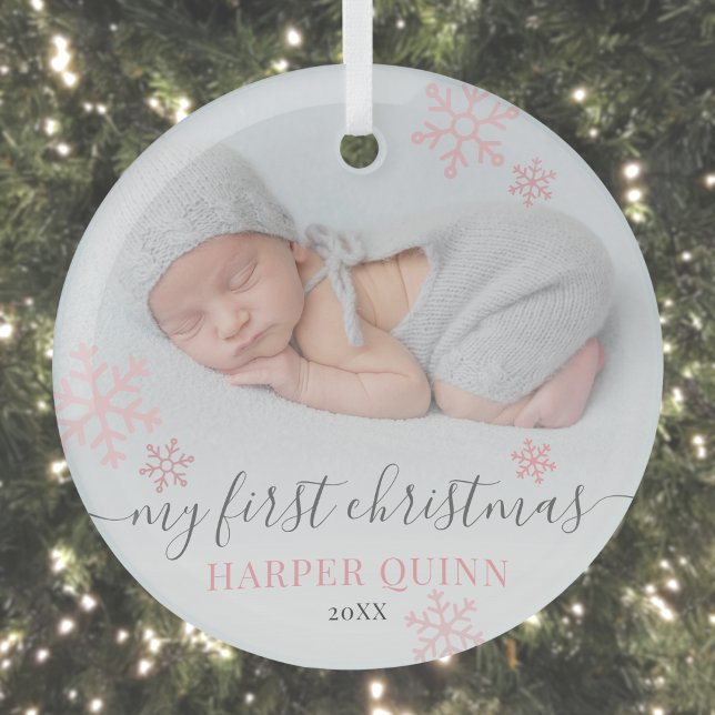 Girl Baby First Christmas Photo Glass Tree Decoration (Girl Baby First Christmas Photo Glass Ornament)
