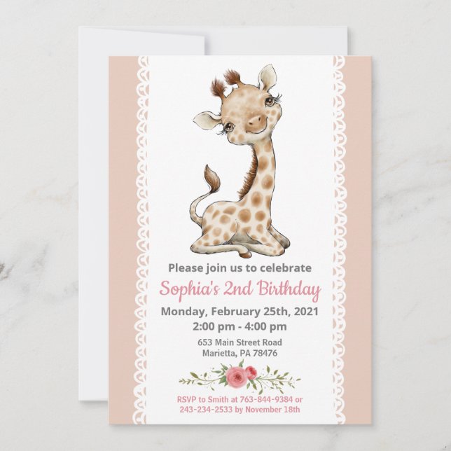 Girl Baby Giraffe Birthday Party Invitation (Front)