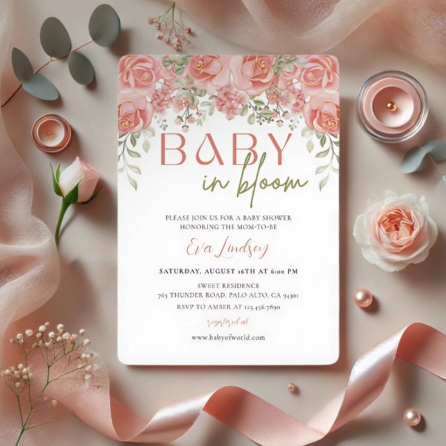 Girl Baby in Bloom Shower Rose Pink Gold Flower Invitation (Creator Uploaded)