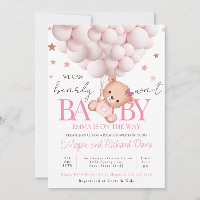 Girl Baby Invite Bear Template Bearly Sweet (Front)