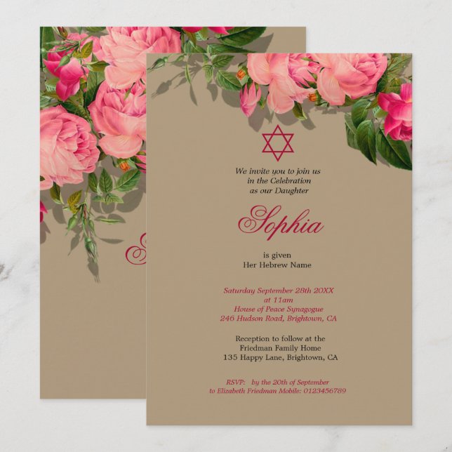 Girl Baby Naming Ceremony Hebrew Floral Roses Invitation (Front/Back)