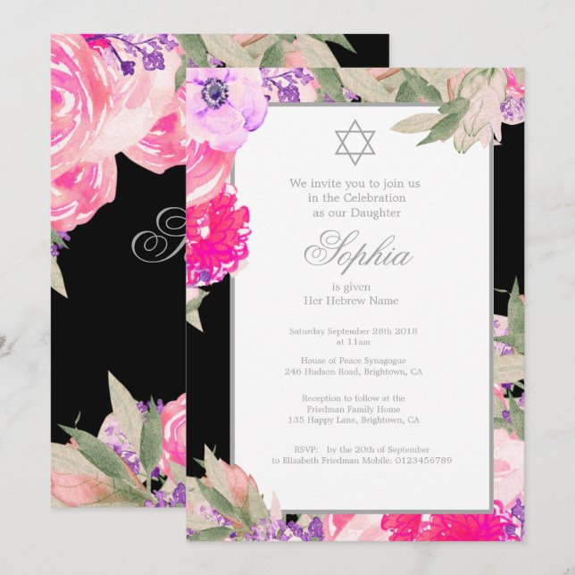 Girl Baby Naming Ceremony Hebrew Floral Silver Invitation (Front/Back)