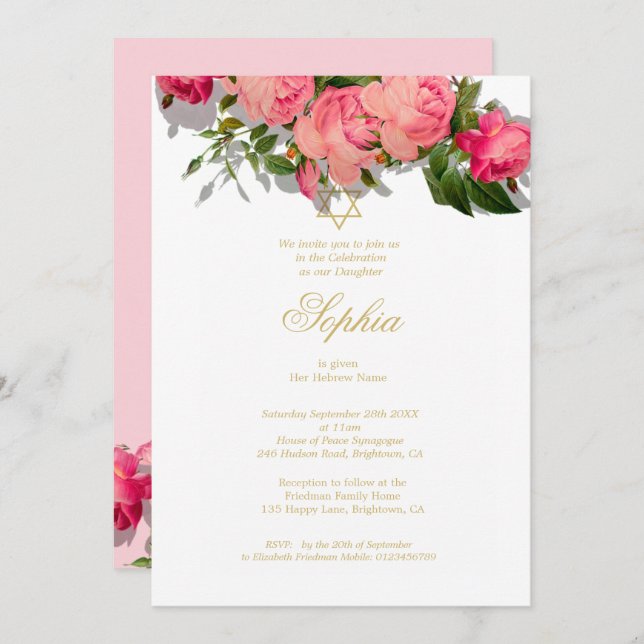 Girl Baby Naming Ceremony Jewish Floral Roses Pink Invitation (Front/Back)