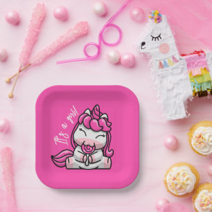 Girl Baby Pink Unicorn Gender Reveal Party Paper Plate
