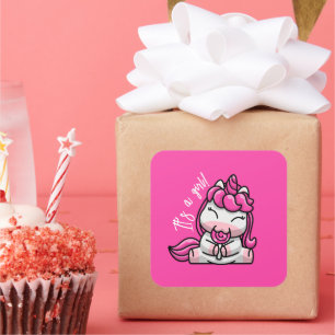 Girl Baby Pink Unicorn Gender Reveal Party Square Sticker