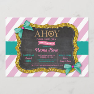 Girl Baby Shower Ahoy Bows Cute Stripe Pink Invite