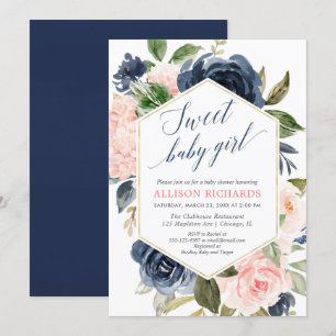 Girl baby shower blush pink navy blue floral invitation