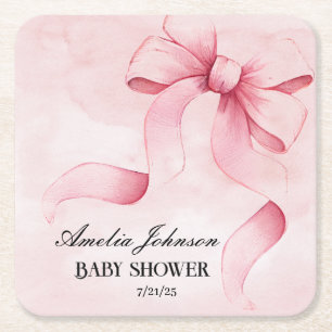 Girl Baby Shower Blush Pink Ribbon Coquette Square Paper Coaster