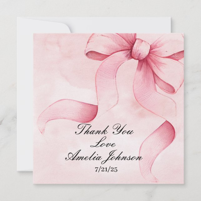 Girl Baby Shower Blush Pink Ribbon Coquette   Thank You Card (Front)