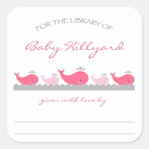Girl Baby Shower bookplates / pink grey whales Square Sticker