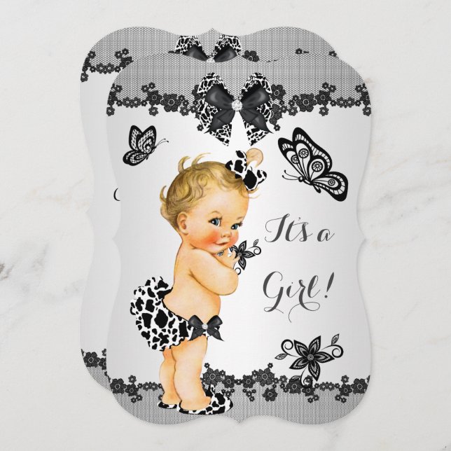 Girl Baby Shower Butterfly Black White Blonde Invitation (Front/Back)