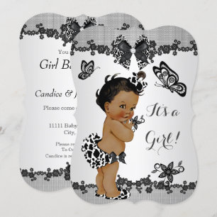 Girl Baby Shower Butterfly Black White Ethnic Invitation