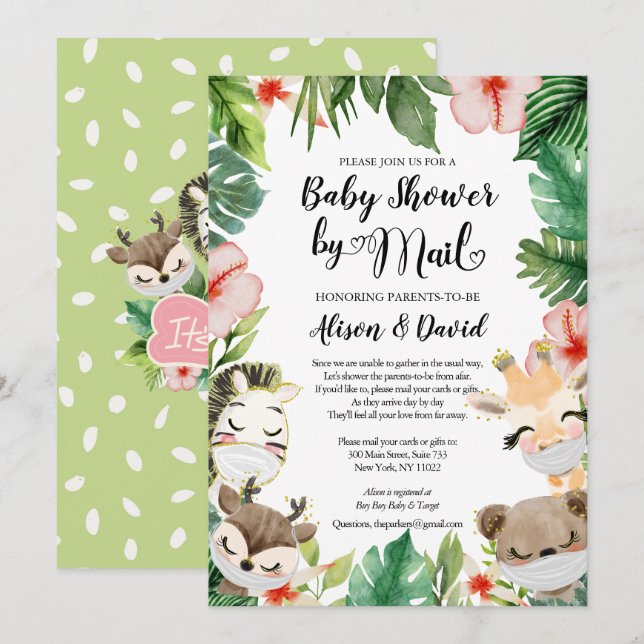 Girl Baby Shower By Mail | Masked Safari Friends Invitation (Front/Back)