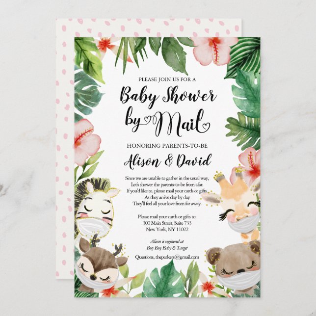 Girl Baby Shower By Mail | Masked Safari Friends Invitation (Front/Back)