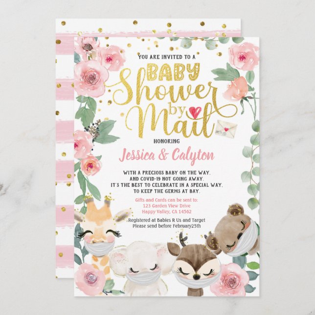 Girl Baby Shower By Mail Pandemic Woodland Animal Invitation (Front/Back)