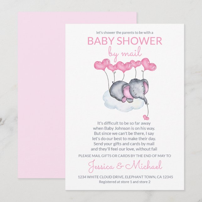 Girl Baby Shower by Mail Pink Elephant on Cloud Invitation (Front/Back)