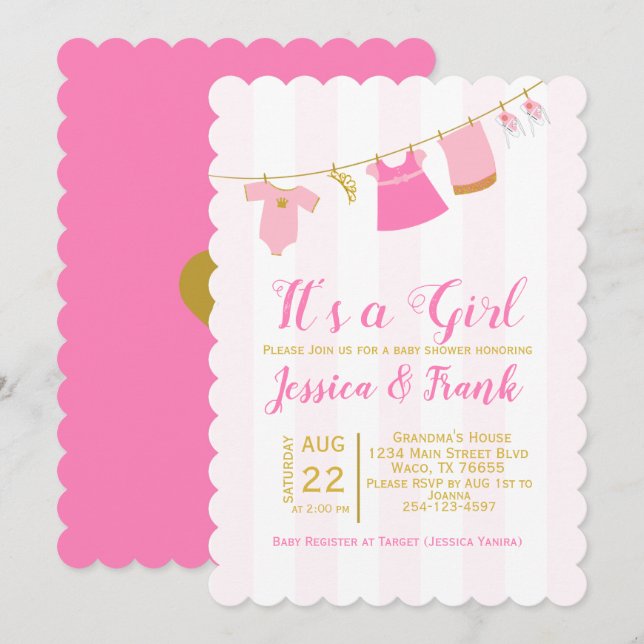 Girl Baby Shower Clothes Line Invitation (Front/Back)
