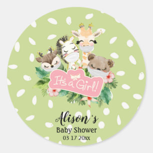 Girl Baby Shower   Cute Gold Safari Animal Friends Classic Round Sticker