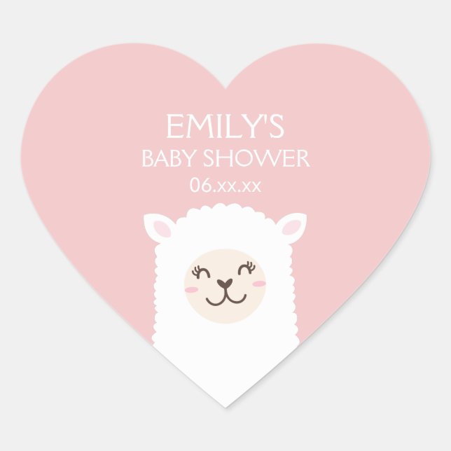 Girl Baby Shower Cute Kawaii Alpaca Elegant Pink Heart Sticker (Front)