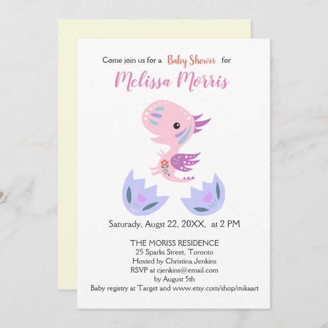 Girl Baby Shower Cute Little Dragon Baby Hatching Invitation (Front/Back)