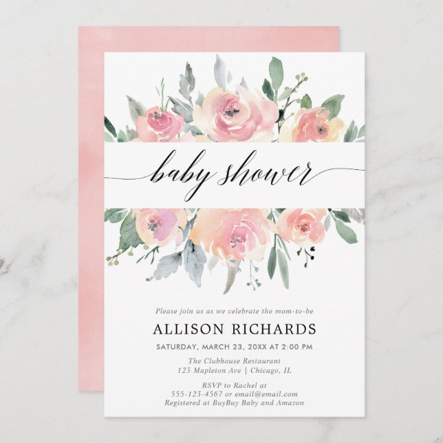 Girl baby shower, elegant blush pink floral invitation (Front/Back)