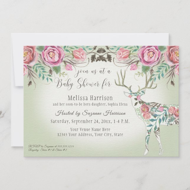 Girl Baby Shower Elegant Rose Floral Deer Antler Invitation (Front)
