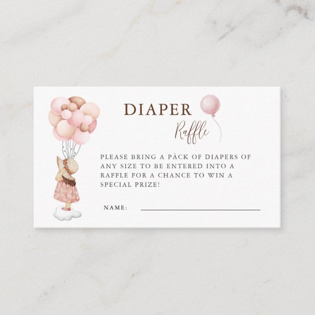 Girl Baby Shower Flying Balloon Diaper Raffle Enclosure Card (Front)