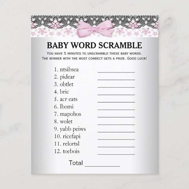Girl Baby Shower Games Word Scramble Rhyme Quiz (Front)