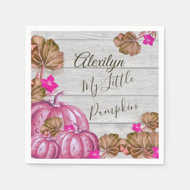 Girl Baby Shower Grey Wood Autumn Pink Pumpkin  Napkin (Front)
